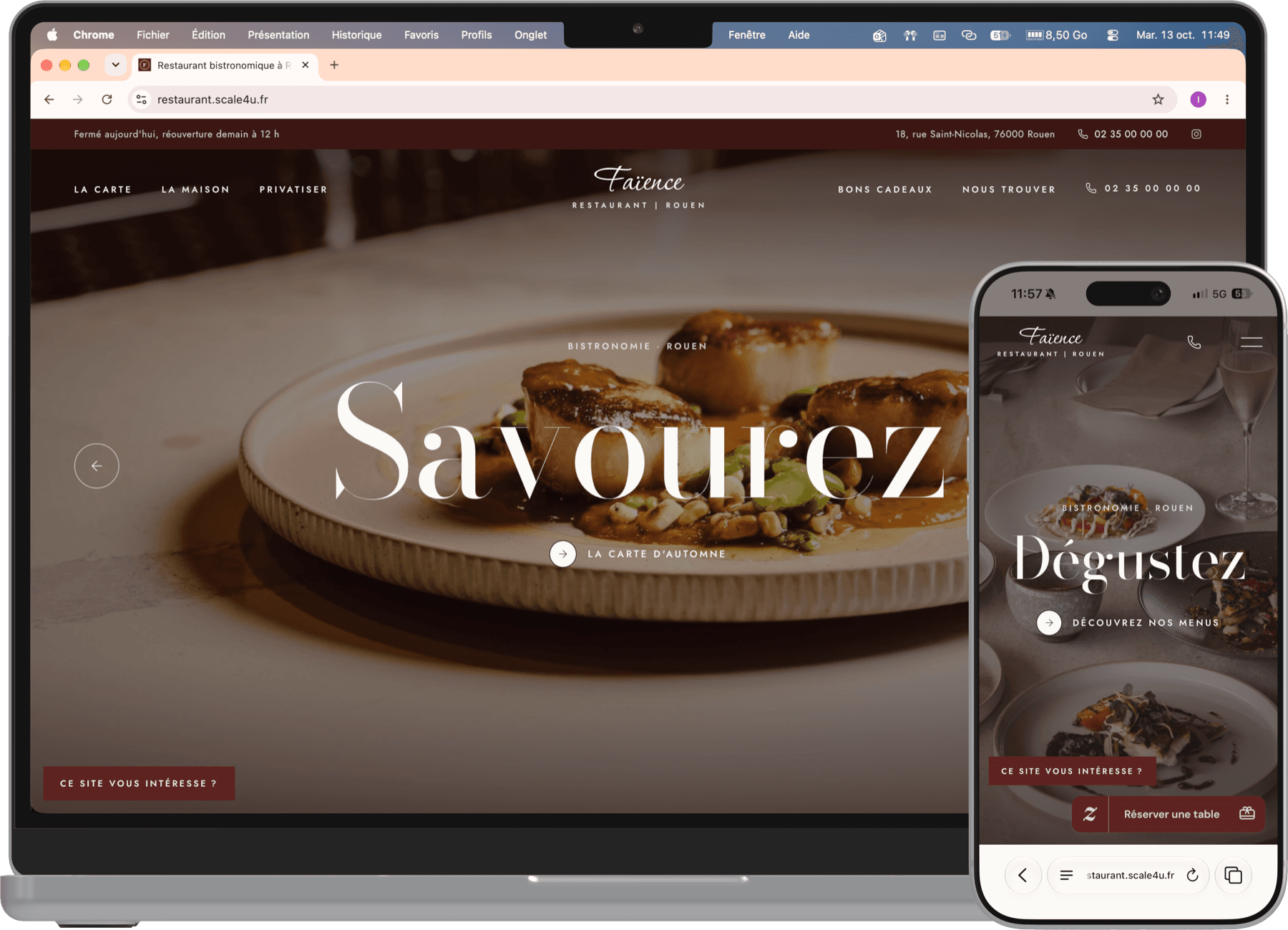 Site de démonstration Faïence, restaurant bistronomique à Rouen, sur MacBook et iPhone